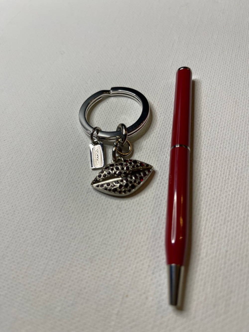 Coach Silver Lip Charm with red crystals Keyring with Red Coach Pen